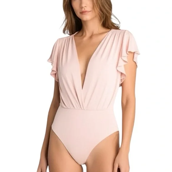 Haute Monde Ruffle Flutter Sleeve Mock Wrap Bodysuit Top Blush Pink Medium Sexy - Picture 2 of 16